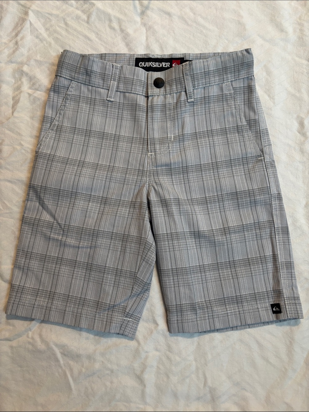 Quicksilver Boys Flat Front Chino Shorts Gray Plaid Size 5 Adjustable Waist